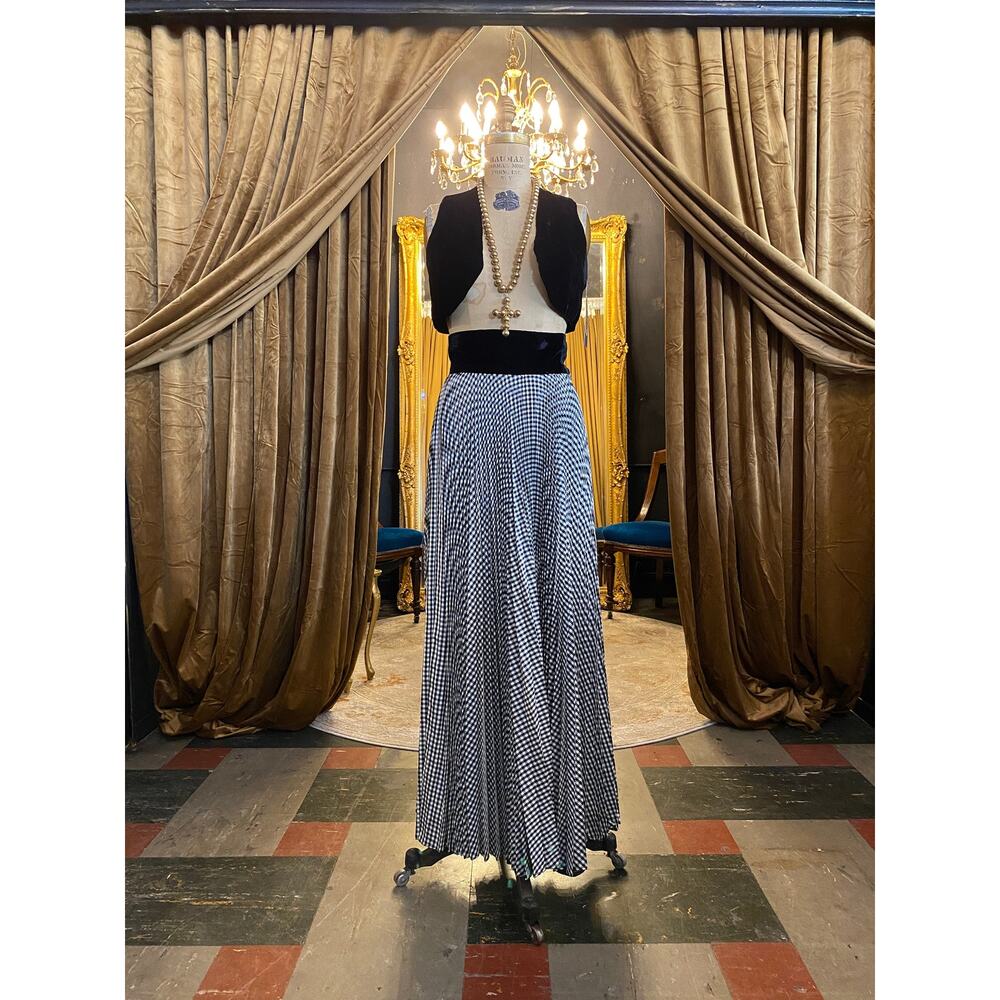 vintage 1970s 2 piece maxi skirt and cropped vest, accordion pleat gingham, xs